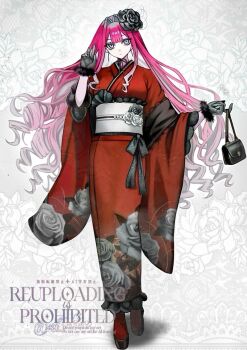 1girl bag baobhan_sith_(fate) black_gloves breasts commentary_request diandao_qin fate/grand_order fate_(series) floral_print flower full_body gloves grey_eyes hair_flower hair_ornament handbag highres japanese_clothes kimono long_hair looking_at_viewer pink_hair red_kimono sidelocks solo