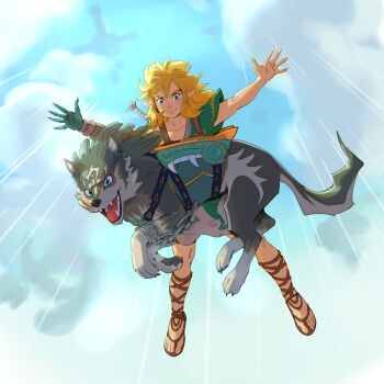 2boys animal animal_ears artist_name blonde_hair blue_eyes chain claws closed_mouth cloud cloudy_sky collarbone commentary cuffs english_commentary falling fangs floating_island grey_fur harness highres link looking_down male_focus mechanical_arms motion_lines multiple_boys nintendo open_mouth pawpads pointy_ears sandals sheath sheathed single_mechanical_arm sky skydive smile stup-jam sword sword_on_back tail the_legend_of_zelda the_legend_of_zelda:_tears_of_the_kingdom the_legend_of_zelda:_twilight_princess twitter_username weapon weapon_on_back wolf wolf_ears wolf_link wolf_tail