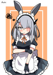 Rule 34 | 1girl, absurdres, alternate costume, animal ear fluff, animal ears, apron, arknights, black dress, black gloves, blush, border, bow, bowtie, bright pupils, commentary request, dress, enmaided, frilled dress, frills, frostnova (arknights), frown, gloves, grey eyes, grey hair, hair over one eye, hendra, highres, inset border, long hair, looking at viewer, maid, maid headdress, orange background, puffy short sleeves, puffy sleeves, rabbit ears, red bow, red bowtie, scar, scar on face, scar on nose, scribble, short sleeves, simple background, solo, upper body, waist apron, white apron, white pupils