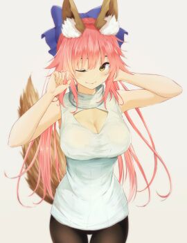 Rule 34 | 1girl, alternate costume, animal ear fluff, animal ears, blue ribbon, blush, breasts, casual, cleavage, cleavage cutout, clothing cutout, contemporary, fang, fate/extra, fate/grand order, fate (series), female focus, fox ears, fox girl, fox tail, hair ribbon, highres, large breasts, long hair, looking at viewer, nepu ka, one eye closed, open-chest sweater, pink hair, ribbon, simple background, solo, sweater, tail, tamamo no mae (fate), turtleneck, yellow eyes