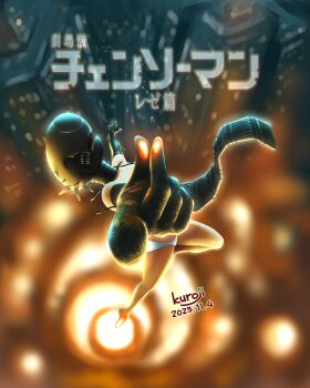 1girl absurdres apron artist_name black_apron black_gloves bomb_devil_(chainsaw_man) chainsaw_man city dated dynamite elbow_gloves explosion explosive gloves highres kuroji_(kuroji1970) night object_head outdoors outstretched_arms panties solo underwear white_panties