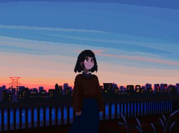 1girl animated animated_gif arms_at_sides black_hair blinking blue_skirt city cityscape commentary english_commentary evening gradient_sky highres literallyfarah long_sleeves looping_animation original outdoors pixel_art railing red_eyes skirt sky solo sunset water wind