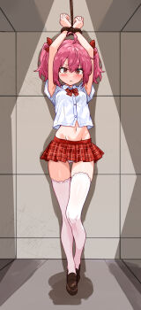 1girl ahoge armpits arms_up bakasp-lilzy bdsm blush bondage bound bound_wrists bow brown_eyes brown_shoes character_request closed_mouth collared_shirt commentary commission copyright_request crop_top cropped_shirt double-parted_bangs english_commentary frown full_body groin hair_bow highres indoors large_variant_set loafers medium_hair microskirt midriff navel panties pink_hair pixiv_commission plaid_clothes plaid_skirt pleated_skirt red_bow red_skirt rope school_uniform shirt shoes short_sleeves skirt solo standing thighhighs twintails underwear v-shaped_eyebrows variant_set white_panties white_shirt white_thighhighs wing_collar zettai_ryouiki