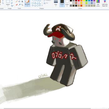 1other absurdres antlers art_program_in_frame baseball_cap flxphlx full_body hat highres horns leaning_back microsoft_paint_(medium) microsoft_paint_(software) painterly pest_(regretevator) red_eyes regretevator roblox screencap shadow signature simple_background solo standing translation_request white_background