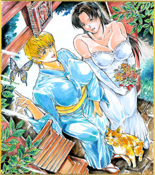 2girls absurdres animal black_hair blonde_hair blue_eyes blue_kimono border bouquet breasts brown_eyes bug butterfly cat cleavage collarbone commentary_request covered_erect_nipples dress dutch_angle elbow_gloves femio-tenma flower from_above gloves hand_on_own_thigh hatching_(texture) highres holding holding_bouquet insect japanese_clothes kimono large_breasts leaf long_hair looking_at_another mature_female multiple_girls obi orange_cat original outdoors painting_(medium) parted_bangs parted_lips sandals sash short_hair side-by-side standing teeth torii traditional_media upper_teeth_only watercolor_(medium) wedding_dress white_dress yellow_border zouri