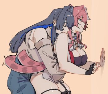 2girls against_wall animal_ears black_gloves black_thighhighs blue_eyes blue_hair blue_pants breasts closed_eyes closed_mouth clothing_cutout commentary denim english_commentary fingerless_gloves garter_straps gloves hair_intakes highres hololive hololive_english hug hug_from_behind jeans large_breasts leaning_forward long_hair long_sleeves looking_at_another multiple_girls ouro_kronii ouro_kronii_(casual) panther_ears panther_girl panther_tail pants pink_hair pomuya raora_panthera raora_panthera_(1st_costume) shoulder_cutout smile standing tail thigh_strap thighhighs virtual_youtuber yuri