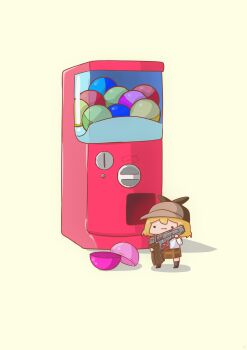 1girl absurdres blonde_hair gacha_(game_mechanic) gashapon gun hair_ornament handgun highres holding hololive hololive_english phdpigeon shirt short_hair simple_background skirt smol_ame standing vending_machine virtual_youtuber watson_amelia weapon white_shirt