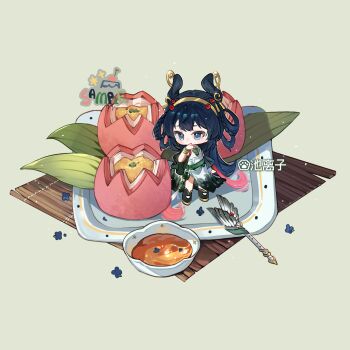 1girl artist_name black_hair black_shoes blue_eyes chibi chilizi dim_sum dress full_body gongsun_li green_background hair_ornament hairband hand_up highres leaf long_hair looking_at_viewer oversized_food oversized_object plate quad_hair_rings sample_watermark sauce shoes solo wangzhe_rongyao watermark white_dress yellow_hairband