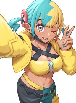 1girl aqua_hair bandeau black_mask blonde_hair blue_eyes breasts canari_(pokemon) criss-cross_straps dark-skinned_female dark_skin highres jacket long_sleeves mask mask_pull medium_breasts mega_stone mouth_mask multicolored_hair mutturi_mamer18 nintendo one_eye_closed pants pokemon pokemon_legends:_z-a short_twintails solo split-color_hair twintails two-tone_mask two-tone_pants yellow_bandeau yellow_jacket yellow_mask