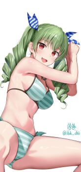 Rule 34 | 1girl, anchovy (girls und panzer), artist name, bikini, blue ribbon, breasts, commentary, drill hair, girls und panzer, green hair, hair ribbon, highres, ibk chii, long hair, looking at viewer, medium breasts, navel, open mouth, red eyes, ribbon, side-tie bikini bottom, signature, simple background, smile, solo, squatting, striped bikini, striped clothes, swimsuit, twin drills, twintails, twitter username, tying hair, white background