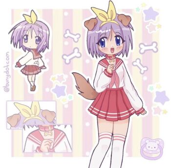 1girl animal_ears artist_name artist_request bear bone close-up collar dog_ears dog_girl dog_tail hiiragi_tsukasa lucky_star pacifier purple_eyes purple_hair red_collar school_uniform star_(symbol) striped_background tail vertical-striped_background