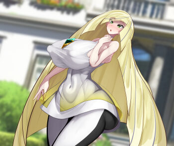 1girl absurdres alternate_breast_size_(larger) blonde_hair breasts covered_navel dress green_eyes highres kawahagi-tei large_breasts long_hair looking_at_viewer lusamine_(pokemon) navel nintendo open_mouth pants pokemon pokemon_sm solo very_long_hair white_dress white_pants