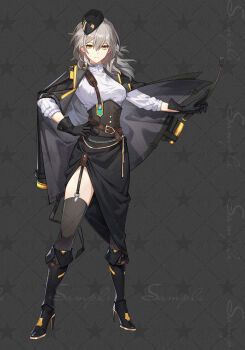 1girl alternate_costume belt black_gloves black_jacket black_skirt black_thighhighs boots breasts character_name chinese_commentary closed_mouth commentary_request full_body garter_straps gloves grey_hair gun hair_between_eyes hand_on_own_hip hat high_heel_boots high_heels highres holding holding_weapon honkai:_star_rail honkai_(series) jacket jacket_on_shoulders knee_boots long_hair long_skirt long_sleeves looking_at_viewer medium_breasts shirt side_slit skirt smile solo standing stelle_(honkai:_star_rail) sweater thighhighs trailblazer_(honkai:_star_rail) upper_body weapon white_shirt yellow_eyes yingzi_hu_yu_kong