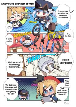 Rule 34 | 2girls, :>, :d, :o, ^ ^, absurdres, accident, arrow (symbol), bicycle, black boots, blazer, blue eyes, blue hair, blue hat, blue jacket, blue necktie, boots, braid, broken wall, brown hair, buttons, chibi, chibi only, closed eyes, closed mouth, collared shirt, commentary, copyright notice, crash, crown braid, donna (stella sora), double-breasted, english commentary, english text, flower, freesia (stella sora), grey skirt, hair flower, hair ornament, hairclip, hat, highres, holding, holding paper, house, index fingers together, jacket, long hair, miniskirt, multicolored hair, multiple girls, necktie, official art, open mouth, own hands together, pantyhose, paper, parallel hairclips, pleated skirt, red eyes, red hat, red shirt, riding, riding bicycle, shaded face, shirt, side ponytail, skirt, smile, sound effects, speech bubble, stella sora, streaked hair, through wall, white flower, white hair, white pantyhose