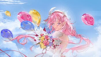 1girl absurdres artist_name beret blue_sky bouquet commentary cr3st0 diamond-shaped_pupils diamond_(shape) elf elysia_(hi_love_elf)_(honkai_impact) elysia_(honkai_impact) english_commentary flower hat highres holding holding_bouquet honkai_(series) honkai_impact_3rd long_hair looking_at_viewer pink_hair pointy_ears purple_eyes sky smile solo symbol-shaped_pupils very_long_hair