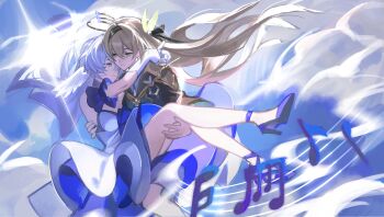 Rule 34 | 2girls, absurdres, angel wings, bare shoulders, blue dress, blue eyes, blue hair, blurry, brown eyes, carrying, cloud, cloudy sky, commentary, couple, depth of field, detached sleeves, dress, feathered wings, firefly (honkai: star rail), frilled dress, frills, from side, glint, glowing, grey hair, hair between eyes, hair flowing over, hair ornament, halo, head wings, headband, high heels, highres, honkai: star rail, honkai (series), leaning forward, leaning on person, leaning to the side, long hair, looking down, looking to the side, mie xing, multiple girls, musical note, outdoors, princess carry, robin (honkai: star rail), shade, short sleeves, sky, symbol-only commentary, upper body, wavy hair, wide sleeves, wings, yuri