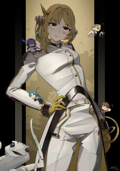 &gt;_&lt; 1boy 3girls absurdres arm_up artist_name astronaut beamed_eighth_notes blonde_hair blue_hair brown_hair chibi chibi_inset closed_eyes coat cowboy_shot dated eighth_note fjs... floating gloves han_zhang_(reverse:1999) hand_on_own_hip helmet highres hissabeth holding holding_instrument holding_violin instrument kiperina leaning_back looking_at_viewer mark_under_eye multiple_girls music musical_note musical_staff name_day_(reverse:1999) newt open_mouth outside_border pants pillarboxed playing_instrument pointer_(reverse:1999) reverse:1999 robot_ears salamander short_hair sitting_on_shoulder sleeping smile solo_focus space_helmet spacesuit sparkle treble_clef unworn_headwear unworn_helmet violin voyager_(reverse:1999) waving white_coat white_pants yellow_background yellow_eyes yellow_gloves zzz