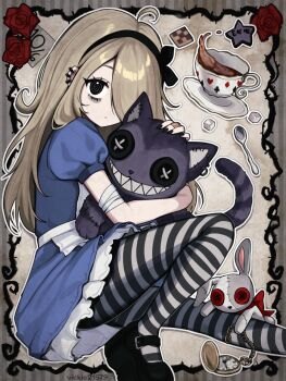 1girl @_@ alice&#039;s_adventures_in_wonderland alice_(alice_in_wonderland) bandaged_arm bandages black_eyes black_hairband black_nails black_shoes blonde_hair blue_dress cheshire_cat_(alice_in_wonderland) cookie cup dress flower food hair_over_one_eye hairband highres holding holding_stuffed_toy long_hair looking_at_viewer march_hare_(alice_in_wonderland) nail_polish pantyhose pocket_watch puffy_short_sleeves puffy_sleeves red_flower red_rose rose shoes short_sleeves sitting solo spoon striped_clothes striped_pantyhose stuffed_animal stuffed_cat stuffed_rabbit stuffed_toy teacup vickie_(cryingrobot) watch
