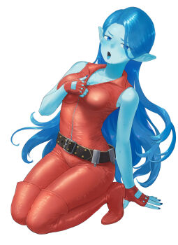 Rule 34 | 1girl, :o, alternate costume, arinsu (kodamamaimai), bare shoulders, blue eyes, blue hair, blue skin, bodysuit, boots, breasts, cleavage, collarbone, colored skin, dragon quest, dragon quest viii, fangs, fingerless gloves, gloves, highres, kneeling, latex, latex bodysuit, long hair, looking at viewer, medium breasts, nail polish, red bodysuit, red boots, red gloves, sleeveless, sleeveless bodysuit, solo, thigh boots, very long hair, witch lady (dq8)