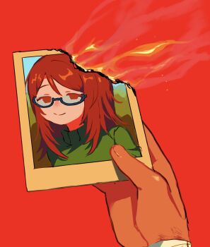 Rule 34 | 1boy, 1girl, adventure time, adventure time: fionna and cake, arm hair, betty grof, burning, burning photo, closed mouth, commentary request, dark-skinned male, dark skin, glasses, green sweater, highres, holding, holding photo, long hair, object focus, partial commentary, photo (object), pov, red background, red hair, simon petrikov, simple background, smile, sweater, tsujii luki