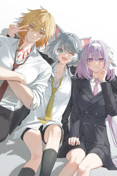 1boy 2girls absurdres alternate_costume animal_ears black_shorts black_skirt black_vest blonde_hair blue_eyes breasts brown_necktie castorice_(honkai:_star_rail) cat_ears cat_girl cipher_(honkai:_star_rail) commentary crossed_legs grey_hair hairband highres honkai:_star_rail honkai_(series) long_hair looking_at_viewer medium_breasts multiple_girls mydei_(honkai:_star_rail) necktie pointy_ears purple_eyes purple_hair purple_necktie red_tattoo school_uniform shirt short_hair short_hair_with_long_locks shorts skirt smile untranslatable_commentary very_long_hair vest vynz_9 white_hairband white_shirt yellow_eyes