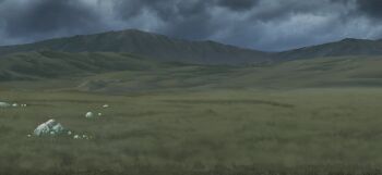 blue_sky cloud field game_cg grass hill mountain no_humans non-web_source official_art outdoors overcast rock scenery sky touhou touhou_gensou_eclipse