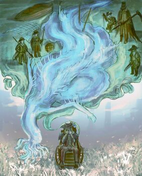 Rule 34 | 1boy, 2girls, 3others, black hat, bloodborne, boat, commentary, english commentary, field, flower, flower field, gehrman the first hunter, hat, highres, holding, holding scythe, kos (bloodborne), lady maria of the astral clocktower, multiple girls, multiple others, old, old man, on one knee, rashuu, scythe, tentacles, tricorne, water, watercraft, wheelchair