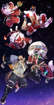 5boys abs animal_ears astar_(live_a_hero) bara biceps black_boots black_gloves black_hat black_pants boots box cape claws closed_mouth coat coat_on_shoulders commentary_request dog_boy dog_ears dog_tail fiery_tail fingerless_gloves fire formal_clothes freediving fur-trimmed_cape fur-trimmed_headwear fur-trimmed_pants fur-trimmed_shorts fur_gloves fur_trim furry furry_male gift gift_box gloves grausummon grey_suit hat hat_feather highres holding holding_gift holding_sack live_a_hero looking_down male_focus mask monomasa_(live_a_hero) multiple_boys muscular muscular_male night night_sky nipples open_mouth pants pectorals polaris_mask_(live_a_hero) pubraseer_(live_a_hero) red_cape red_gloves red_hat red_shirt ryekie_(drunk_tiger)_(live_a_hero) sack santa_costume santa_hat sheath sheathed shirt shorts sky smile snow suit sword tail tiger_boy tiger_ears tiger_stripes weapon white_gloves wolf_boy wolf_ears wolf_tail
