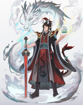 1boy black_boots black_coat blue_eyes boots chinese_clothes coat dragon dragon_boy dragon_horns dragon_print eastern_dragon full_body gradient_coat hanfu highres holding holding_sword holding_weapon horns lightning looking_at_viewer original pointy_ears red_coat sash solo sword weapon white_horns wide_sleeves youlan