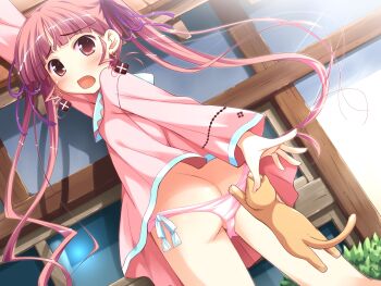 accidental_exposure animal cat dress earrings eyebrows_hidden_by_hair flat_chest from_behind hair_ribbon highres jewelry ko~cha looking_back minette outdoors panties panty_pull partially_visible_vulva pink_dress pink_panties pulling_another&#039;s_clothes ribbon shukufuku_no_campanella twintails underwear