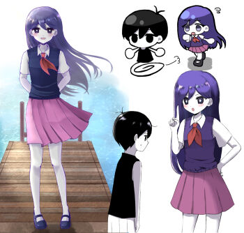 1boy 1girl antenna_hair black_eyes black_hair black_shoes black_tank_top blush bright_pupils brother_and_sister chibi collared_shirt colored_skin dock double-parted_bangs flying_sweatdrops hand_on_own_hip highres index_finger_raised long_hair looking_at_another mari_(headspace)_(omori) mari_(omori) omori omori_(omori) open_mouth pleated_skirt purple_eyes purple_hair purple_shoes purple_sweater_vest red_skirt revision shirt shoes short_sleeves shorts siblings skirt smile sweatdrop sweater_vest tank_top true_erg white_pupils white_shirt white_shorts white_skin