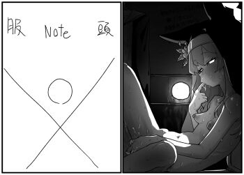 1girl animal_ear_headwear asahina_yoshitoshi blue_archive blush breasts coif completely_nude confessional fake_animal_ears female_masturbation finger_in_own_mouth fingering flower glory_hole greyscale halo hat hat_flower highres long_hair mari_(blue_archive) masturbation monochrome navel nude small_breasts solo sweat tongue tongue_out