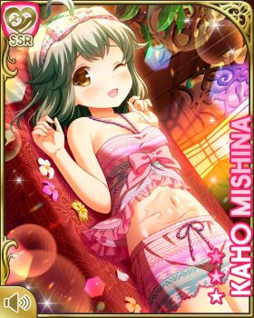 1girl ;d ahoge bow card_(medium) character_name collarbone day female_focus girlfriend_(kari) indoors lying mishina_kaho official_art on_back one_eye_closed open_mouth pink_shirt pink_shorts purple_bow qp:flapper shirt short_hair shorts sleeveless sleeveless_shirt smile solo spa standing tagme