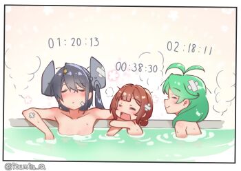 Rule 34 | = =, arm hug, bandaid, bandaid on face, bare shoulders, bathing, brown eyes, collarbone, commentary request, countdown timer, crossed bandaids, grey hair, headgear, highres, izumi kuma, kaiboukan no. 4 (kancolle), kantai collection, long hair, matsu (kancolle), scamp (kancolle), steam, twitter username, upper body, water