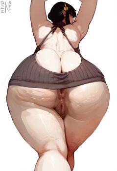 1girl anus arms_up ass back backless_outfit black_hair blush butt_crack cellulite dzenrei_(dzenrei_art) earrings flower from_behind grey_sweater hair_flower hair_ornament hair_up hairband highres huge_ass jewelry looking_back mature_female no_panties pubic_stubble pussy ribbed_sweater rose rose_hair_ornament solo spy_x_family standing sweater virgin_killer_sweater white_background wide_hips yellow_hairband yor_briar