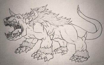 artist_request behemoth_the_king_of_the_all_animals claws duel_monster full_body horns open_mouth sharp_teeth solo standing tail teeth traditional_media yu-gi-oh!