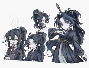 0umoxomu0 1boy 1girl 1other black_coat black_hair black_vest blue_eyes blue_hair blue_hanfu chibi chinese_clothes clock closed_eyes coat dante_(limbus_company) fire hanfu high_ponytail highres holding holding_weapon hong_lu_(project_moon) limbus_company lin_daiyu_(project_moon) long_hair looking_at_viewer multiple_views necktie parted_bangs ponytail project_moon red_necktie simple_background solo_focus standing upper_body vest weapon white_background