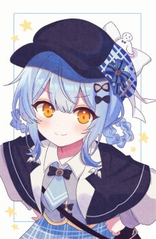1girl black_bow blue_bow blue_hair blue_necktie blush bow braid braided_hair_rings capelet closed_mouth collared_shirt deerstalker hair_bow hair_rings hat highres looking_at_viewer mahou_shoujo_no_majo_saiban necktie official_alternate_costume orange_eyes shirt smile solo star_(symbol) tachibana_sherry twin_braids upper_body virtual_youtuber white_background white_bow white_shirt yellow_eyes yua_666666