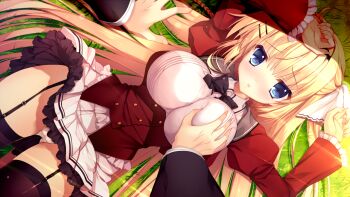 1boy 1girl black_thighhighs blonde_hair blue_eyes blush breasts game_cg garter_straps grabbing_another's_breast groping hair_ornament hairclip haruoto_alice_gram kuonji_kazuha_(harugura) large_breasts long_hair long_sleeves looking_at_viewer lying mitha non-web_source official_art on_back panties school_uniform skirt solo_focus thighhighs underwear very_long_hair white_panties