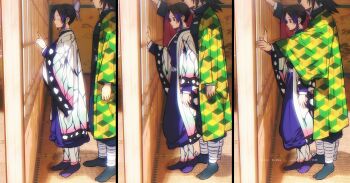 1boy 1girl absurdres belt black_hair black_jacket breasts butterfly_hair_ornament commentary demon_slayer_uniform from_side gradient_hair hair_ornament hand_up haori highres indoors jacket japanese_clothes kimetsu_no_yaiba kochou_shinobu long_sleeves medium_breasts multicolored_hair niku_(ni23ku) pants ponytail purple_eyes purple_hair short_hair symbol-only_commentary tomioka_giyuu watermark white_belt