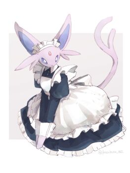 animal_focus apron black_dress border bright_pupils clothed_pokemon commentary_request dress espeon forehead_jewel forked_tail full_body gem gen_2_pokemon grey_background highres juliet_sleeves kosokoso_002 long_sleeves looking_at_viewer maid maid_apron maid_headdress nintendo no_humans pokemon pokemon_(creature) pokemon_focus puffy_sleeves purple_eyes purple_fur red_gemstone simple_background sitting solo tail white_border white_pupils