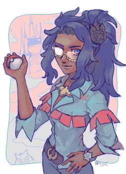 1girl belt blue_pants blue_shirt bracelet brown_belt dark-skinned_female dark_skin glasses hair_ornament highres holding holding_poke_ball jewelry long_hair looking_at_viewer nintendo pants poke_ball poke_ball_(basic) pokemon pokemon_sv purple_eyes purple_hair raifort_(pokemon) shirt user_hemr5727