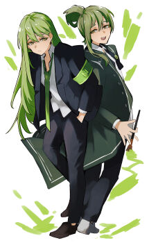 Rule 34 | 2boys, armband, ascot, black jacket, black pants, brown shoes, coat, collared shirt, folded ponytail, full body, green armband, green coat, green hair, green necktie, highres, jacket, library of ruina, lobotomy corporation, long hair, long sleeves, looking at another, male focus, multiple boys, nakame77, necktie, netzach (project moon), paintbrush, pants, project moon, shirt, shoes, simple background, standing, undone ascot, white background, white shirt, white shoes, yellow eyes