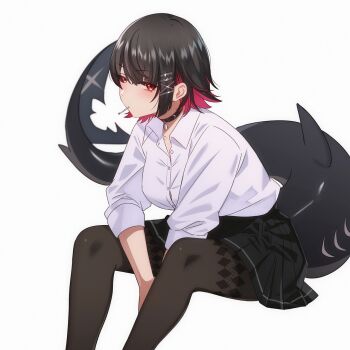 1girl black_hair black_pantyhose black_skirt breasts candy collar colored_inner_hair ellen_joe ellen_joe_(on_campus) feet_out_of_frame fins fish_tail food highres invisible_chair large_breasts lollipop looking_at_viewer medium_hair multicolored_hair pantyhose red_eyes red_hair school_uniform senapops shark_girl shark_tail shirt sitting skirt solo tail white_background white_shirt zenless_zone_zero