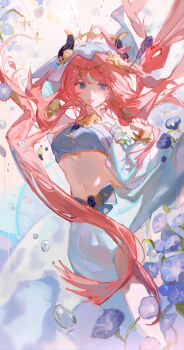 1girl arabian_clothes blue_eyes blue_gemstone chinese_commentary circlet commentary dancer dancing fake_horns flower gem genshin_impact harem_outfit highres horns jewelry long_hair midriff mistedsky navel nilou_(genshin_impact) parted_lips pink_hair solo stomach teeth veil white_veil