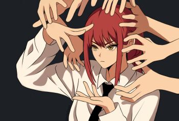 1girl black_background black_necktie chainsaw_man closed_mouth collared_shirt highres long_sleeves makima_(chainsaw_man) multiple_others necktie pcharlesart red_hair shirt sidelocks white_shirt yellow_eyes