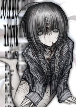 ahoge bandaid bandaid_on_face bandaid_on_leg bare_legs barefoot blood blood_on_face blood_splatter braid buttons chan8016 empty_eyes expressionless from_above full_body highres long_sleeves looking_at_viewer muted_color original pajamas pale_skin parted_lips scar scar_on_leg self-harm_scar shirt sitting sleeves_past_wrists striped_clothes striped_shirt text_background twin_braids white_background white_hair yokozuwari