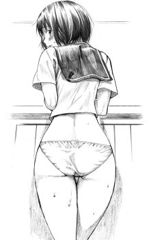 1girl ass commentary_request cowboy_shot from_behind fujimaru_(bluebrand) graphite_(medium) greyscale looking_back monochrome no_pants original panties sailor_collar sailor_shirt shirt short_hair solo sweat thigh_gap traditional_media underwear