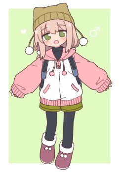 Rule 34 | 1boy, :d, beanie, black pantyhose, black sweater, blush, boots, border, brown hair, drawstring, full body, fur-trimmed boots, fur trim, green background, green eyes, green shorts, hair bobbles, hair ornament, hat, heart, highres, hood, hood down, hooded jacket, jacket, long hair, long sleeves, looking at viewer, low twintails, mars symbol, naga u, open mouth, original, outside border, pantyhose, pantyhose under shorts, pink jacket, puffy long sleeves, puffy sleeves, purple boots, shorts, sleeves past wrists, smile, solo, suama-kun (naga u), sweater, trap, turtleneck, turtleneck sweater, twintails, white border