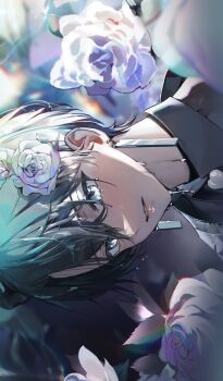 Rule 34 | 1girl, black hair, black jacket, black shirt, blurry, blurry background, blurry foreground, blush, chromatic aberration, collared shirt, earrings, eyelashes, floating earrings, floral background, flower, grey eyes, hair between eyes, hair flower, hair ornament, highres, jacket, jewelry, light, lips, looking at viewer, original, parted lips, portrait, rose, shirt, short hair, solo, sweat, sweatdrop, totomong, water, white flower, white rose